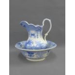Pleasure party pattern Staffordshire pottery blue and white transfer printed jug and a similar bowl,