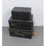The black metal deed boxes, largest 22 x 54 x 38cm (3)