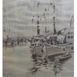 South East Asian School, boats in a harbour, watercolour with character marks and inscribed in