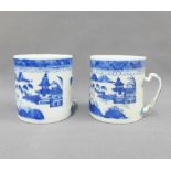 Chinese blue and white tankard / mug with pagoda and river pattern together with another (handle