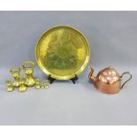 Set of seven 19th century brass weights, ranging from 4lbs - 1oz, circular brass engraved charger