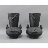 Pair of Schiller style, German Aesthetic vases, with lizard and toads, some black paint flaking,