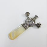 Late Victorian baby's silver rattle with bells, whistle and mother of pearl teether, likely Levi &