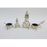 Four-piece silver cruet set by Harrods, Ltd, London 1965 / 66, comprising sugar castor, pepper