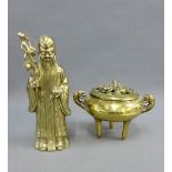 Chinese polished brass incense burner with pierced foliate cover and a Chinese brass figure of a