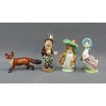 Beswick Beatrix Potter figures, Benjamin Bunny and Jemina Puddleduck and a figure of Mad hatter from