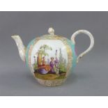 Continental porcelain teapot with figural panels, rose finial to the cover, blue crossed swords