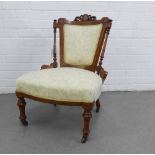 Victorian lady's parlour chair, walnut and mahogany inlaid show frame and with damask style