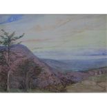 British School, hillside landscape, watercolour, signed with a monogram AB and framed under glass,