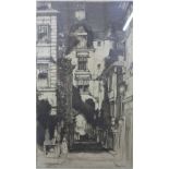 DY Cameron, clock tower and street scene, etching, framed under glass, 17 x 27cm