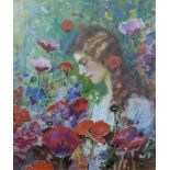 AB White, Girl and Poppies, watercolour, signed, under glass in an ornate giltwood frame, 30 x 35cm