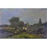 British School, rural Scene with figure, oil on panel, unframed, 20.3 x 30.5cm