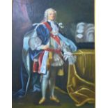 Large oil on canvas of an 18th century Monarch, signed indistinctly and contained with an ornate gil