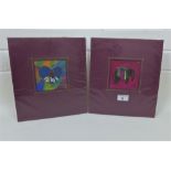Two small textile panels, one an Elephant the other a Love Heart, framed in card mounts, size