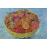 Ann Patrick, (Scottish B.1937), Basket of Plums', oil on board, signed and framed with an RSA Annual