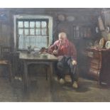 Continental School, Interior Scene with a Gent seated and smoking a pipe, oil on canvas, signed JR?,