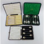 Set of six Birmingham silver coffee bean handed spoons together with Epns cased flatwares to include