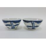Pair of Chinese blue and white tea bowls with bamboo and calligraphy pattern, (one with a star