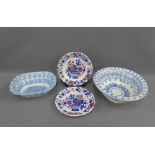 Spongeware blue and white glazed bowl, another and a pair of Staffordshire plates, largest 33cm (4)