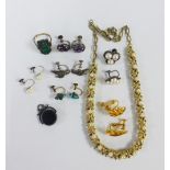 Collection of costume jewellery to include a marcasite ring, earrings, hardstone fob and a bracelet,