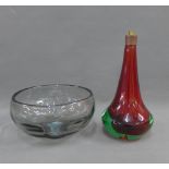 Italian red and green glass table lamp base, 26cm high, together with a Swedish smoked glass