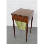 19th century mahogany and boxwood inlaid games / sewing table,with green baize, workbag drawer and
