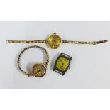 Two early 20th century lady's 9ct gold cased wrist watches and a silver cased wrist watch (3)