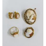 Cameo jewellery to include a 9ct gold ring, pair of earrings in 9ct gold mounts, together with two
