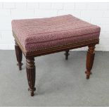 Mahogany stool with upholstered top raised on fluted legs, 44 x 52 x 40cm