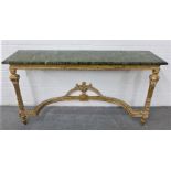 French giltwood console table with a rectangular green marble / hardstone top, with a plain