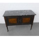 Mahogany and walnut washstand with a grey marble top, ceramic castors and Art Nouveau style handles,