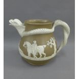 Dudson style jug with a mythical serpent handle and hunting frieze, 19cm high
