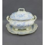 Wedgwood & Co blue and white transfer printed Asiatic Pheasant pattern tureen, cove and stand, (3)