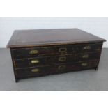 Late 19th / early 20th century plan chest, with distressed black painted effect, a red leather