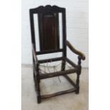 Antique dark oak Wainscott type chair with scrolling toprail, panelled back with turned front