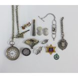 Lady's silver cased fob watch, silver brooches, silver fob, cuff links and enamel pendant etc (a