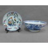 Delft bowl with chinoiserie pattern, 31cm, and a Delft plate, both with old staple repairs, (2)