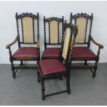 Four dark oak chairs barley twist chairs with leather slip in seats, to include two carvers and