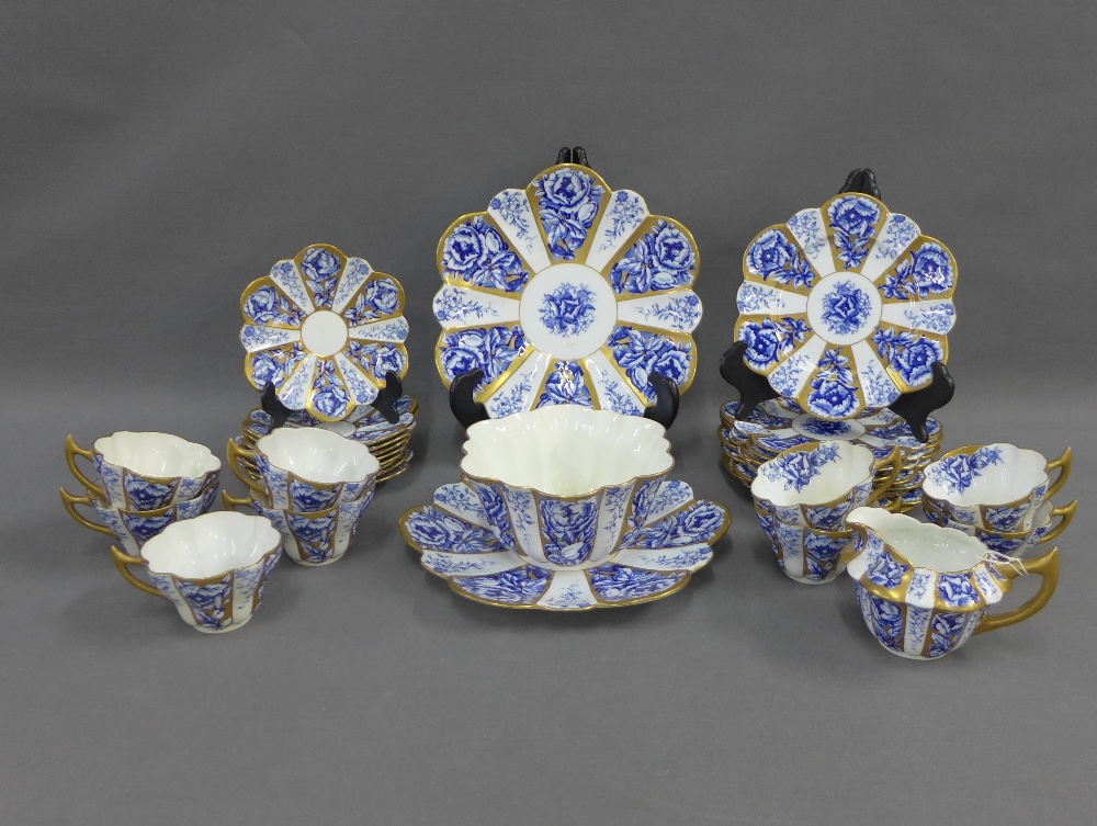 Foley china blue and white teaset, comprising nine cups, eight saucers, nine side plates, two cake