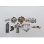 Silver jewellery to include an ingot pendant, Glasgow rose brooch and earrings, cap badges, etc (