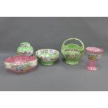 Collection of Maling lustre glazed pottery to include a basket, ginger jar, two bowls and a vase, (a