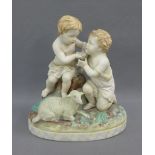 Bisque figure group of two cherubs and a ram, on an oval base, 27cm high