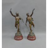 After Picault, a pair of bronze patinated metal figures to include Victoria and Opina Spoila, on red