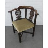 Chippendale style corner elbow chair with two pierced vasiform splats, upholstered seat and square