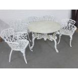 A set of five cast iron Coalbrookdale style garden chairs and a garden table, table 90 x 70cm (6)