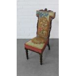 Child's rosewood prie dieu chair with pierced top rail, floral tapestry upholstery and bobbin