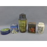 Rich Preserved Cream pottery jar and four vintage tins, (5)
