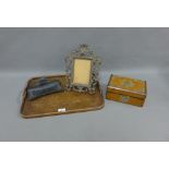 Mixed lot to include an Art Nouveau style inkwell, walnut box,oak tray and a brass frame, (4)