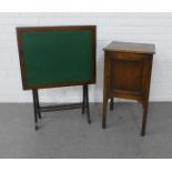 Early 20th century oak bedside and a folding card table, (2)