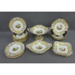 English porcelain dessert service comprising a comport, two square dishes, two others and a set of